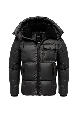 Black puffer jacket featuring a detachable hood, zippered front, and a chest pocket. Made of quilted fabric with a smooth finish.