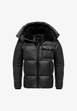 Schwarze Daunenjacke mit abnehmbarer Kapuze, Reißverschluss vorne und Brusttasche. Hergestellt aus gestepptem Stoff mit einer glatten Oberfläche.