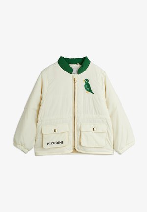 Beige gewatteerde jas met een groene kraag, gouden rits, twee voorzakken en een geborduurd groen vogelontwerp. "M. RODINI" logo aan de zoom.