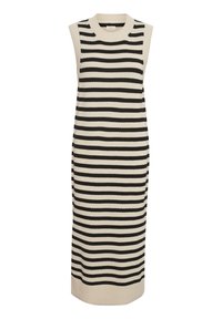 Ärmelloses, knielanges Strickkleid in Creme und schwarzen Streifen. Verfügt über eine gerippte Textur und einen runden Ausschnitt. Glattes, tailliertes Design.