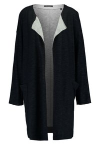 Cardigan leggero nero con fodera interna grigia a contrasto, design aperto e due tasche laterali. Realizzato in un morbido tessuto testurizzato.