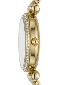 Goldfarbene Uhr mit rundem Gehäuse, Kristallverzierungen, strukturiertem Armband und klarem rundem Zifferblatt. Sie verfügt über eine auffällige Krone an der Seite zur Einstellung.