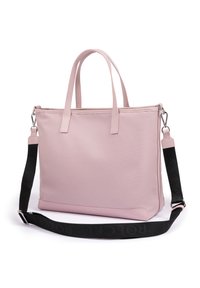 Pink tote bag with dual handles and a black adjustable strap. Made of smooth fabric, featuring a zip closure and minimalistic design.