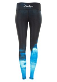 Zwarte legging met blauw verlooppatroon. Gemaakt van rekbaar materiaal, met een hoge tailleband en contrasterende stiksels.