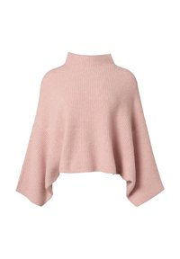 Miękki różowy sweter z prążkowanego materiału z szerokimi, zwisającymi rękawami i kołnierzem typu mock neck, skrócony w talii.