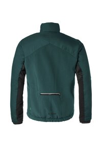 Giacca imbottita verde con accenti neri, colletto alto e tasca posteriore con zip. Presenta una superficie testurizzata e orlo elasticizzato.