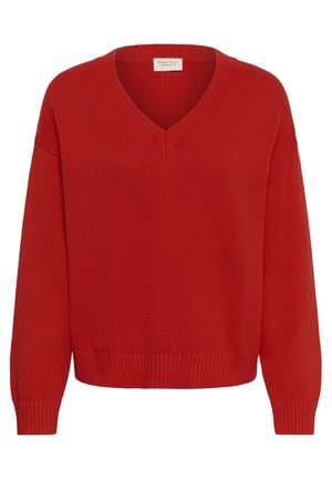 Rdeč pleten pulover z V-izrezom, dolgimi rokavi ter rebrastimi manšetami in spodnjim robom, izdelan iz teksturirane tkanine.