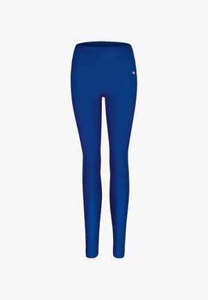 Marineblauwe leggings met hoge taille en een klein rond zilveren logo op de bovenkant van de dij, ontworpen voor een slanke pasvorm en volledige beenbedekking.