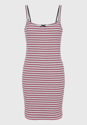 Vestido sem mangas às riscas com linhas horizontais em rosa, preto e branco. Textura canelada com um pequeno laço preto na linha do pescoço.