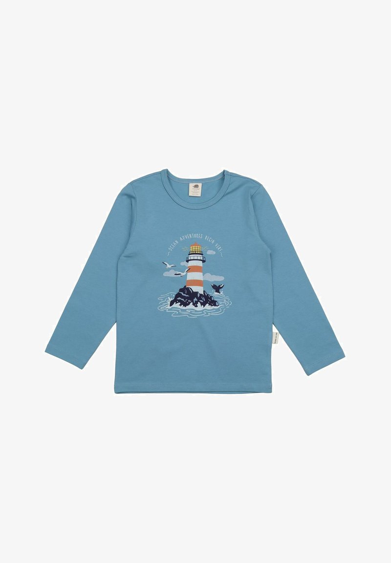 Light blue long-sleeve shirt featuring a lighthouse graphic with text, surrounded by waves and birds. Made of soft cotton material.