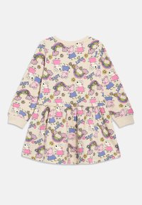 Μπεζ φόρεμα μακρυμάνικο με παιχνιδιάρικο τύπωμα κινουμένων σχεδίων, ουράνια τόξα και λουλούδια. Διαθέτει φούστα με πιέτες και φαρδιά γραμμή.