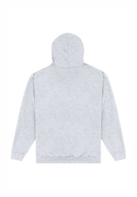 Felpa grigia con cappuccio, caratterizzata da una texture liscia, polsini e orlo a coste, con una vestibilità classica e senza design o loghi visibili.