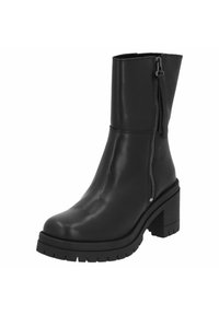 Black leather ankle boot with a chunky heel, side zip closure, textured sole, and a smooth finish. Features branding on the side.