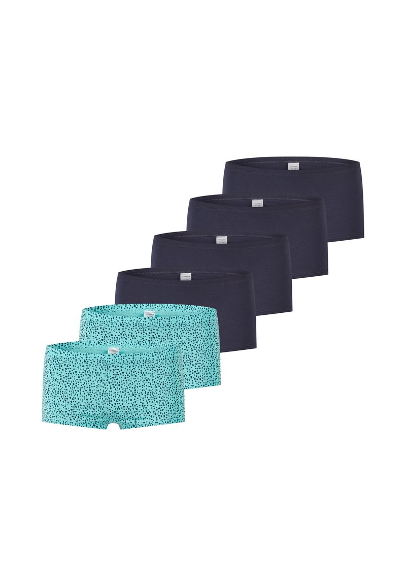 Cinque paia di boxer: quattro in blu navy e uno in turchese con un motivo a macchie nere. Tessuto in cotone morbido, cintura elastica.