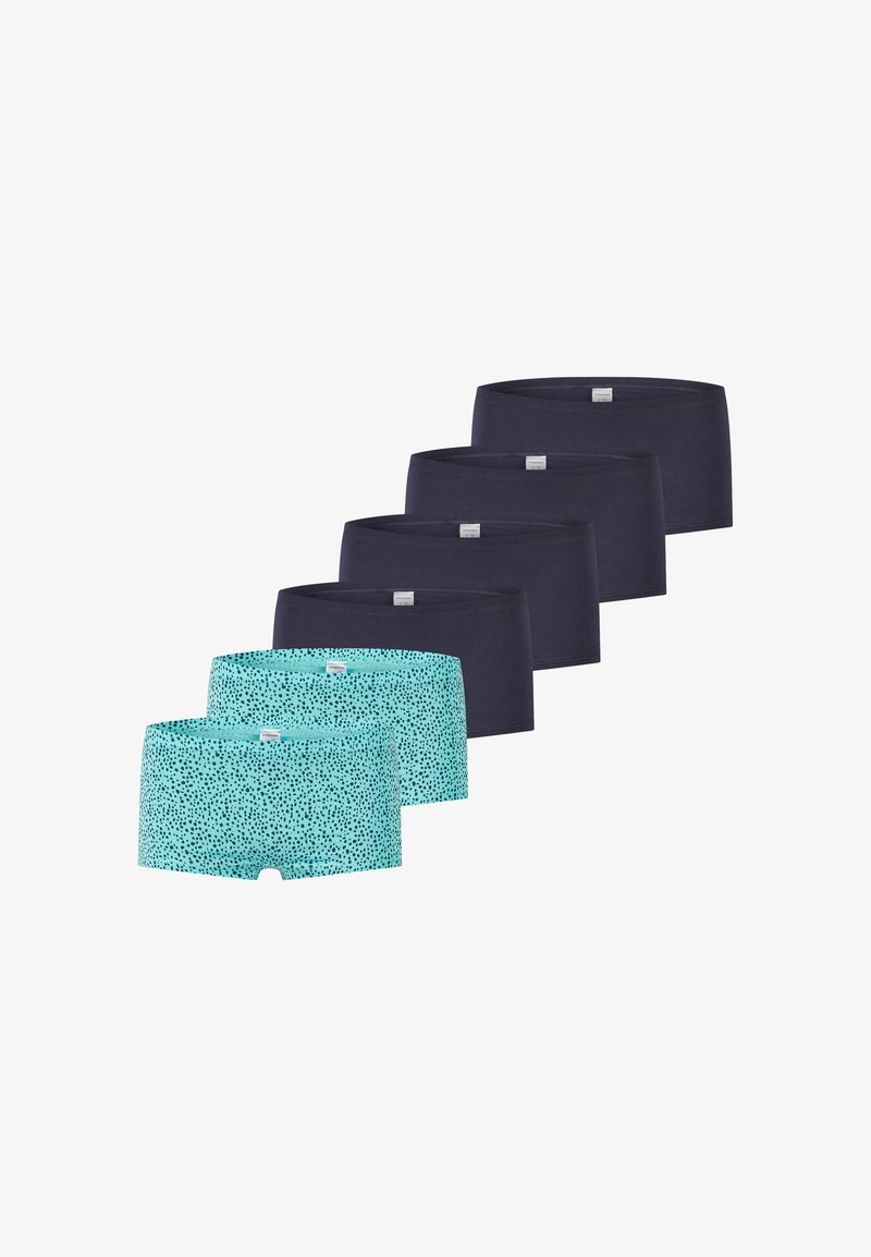 Vijf paren boxers: vier in marineblauw en één in turquoise met een zwart gespot patroon. Zachte katoen stof, elastische tailleband.