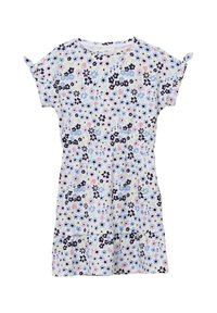 Robe fleurie en tissu léger, ornée d'une variété de petites fleurs roses, bleues et noires sur fond blanc. Manches courtes.