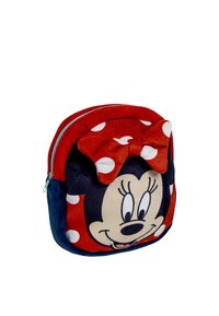 Pluche kinder rugzak in een ronde vorm, in rood en marineblauw, met witte stippen en een grote strik, versierd met het gezicht van een karakter.