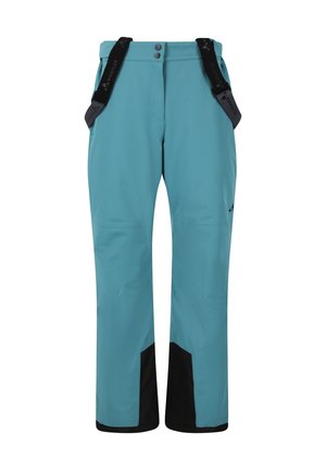 Vandafvisende turkise skibukser med sorte detaljer, justerbare seler og to knappelukninger foran. Glat tekstur, brede ben.