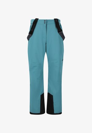 Waterdichte tealkleurige skibroek met zwarte accenten, verstelbare bretels en twee knoopsluitingen aan de voorkant. Gladde textuur, wijde pijpen.