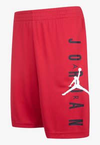 Rode mesh korte broek met een elastische tailleband. Zijkanten hebben graphics met een zwarte "JORDAN" tekst en een witte Jumpman-logo.