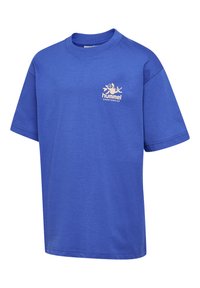 Blauwe katoenen t-shirt met een ronde hals en korte mouwen. Heeft een wit logo op de linker borst en een relaxte pasvorm.