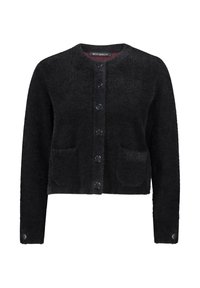 Czarny puchaty kardigan z długimi rękawami, okrągłym dekoltem, zapięciem na guziki z przodu i dwoma bocznymi kieszeniami. Miła w dotyku faktura i krótki fason.