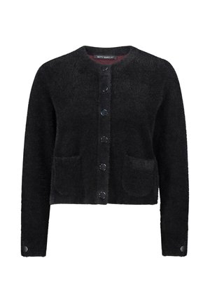 Zwarte, fuzzy cardigan met lange mouwen, ronde halslijn, sluiting met knopen aan de voorkant en twee zijzakken. Zachte textuur en cropped ontwerp.