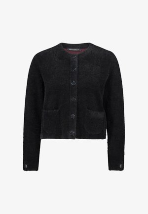 Sort fuzzy cardigan med lange ærmer, rund halsudskæring, lukning med knapper foran og to sidelommer. Blød tekstur og cropped design.