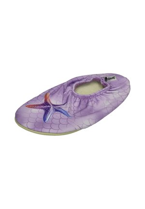 Soft purple slipper with elastic opening, scales pattern, and a colorful starfish design on top.
