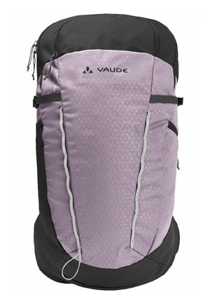 Mochila Vaude púrpura y negra con patrones geométricos, correas frontales de compresión y bolsillos laterales con cremallera.