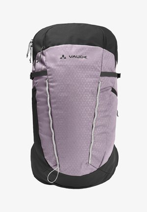 Lila-schwarzer Vaude-Rucksack mit geometrischen Mustern, vorderen Kompressionsriemen und seitlichen Reißverschlusstaschen.