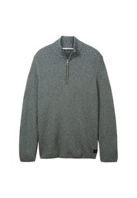 Strickpullover mit einem Viertelreißverschluss in Grüntönen, mit einem strukturierten Muster, einem gerippten Kragen und einem kleinen Logopatch am Saum.