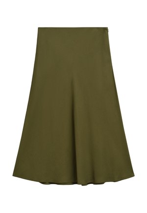 Olive green flared skirt made of smooth fabric, featuring a high waist and an A-line silhouette, with a clean hem and no visible seams.