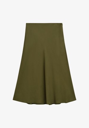 Olive green flared skirt made of smooth fabric, featuring a high waist and an A-line silhouette, with a clean hem and no visible seams.
