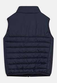 Granatowa kamizelka puchowa z wysokim kołnierzem, z pikowaną fakturą i gładkim wykończeniem, bez widocznych elementów metalowych ani akcentów. Pokazany widok z tyłu.