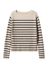 Maglione a coste beige con strisce nere orizzontali. Presenta un collo rotondo e maniche lunghe, con taglio diritto e dettagli minimal.
