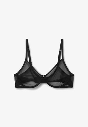 Sort gennemsigtig net-bøjle-bh med justerbare tynde stropper og strukturerede skåle, vist på en hvid baggrund.