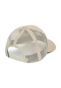 Beige pet met gaas achterkant en een stevige voorkant. Voorzien van een verstelbare band en een ronde knop op de bovenkant. Geventileerd ontwerp voor ademend vermogen.
