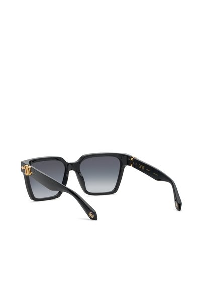 Lunettes de soleil noires à monture carrée avec verres dégradés foncés et détails dorés en forme de serpent sur les branches et aux extrémités des branches.