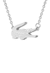 Silver necklace featuring a crocodile-shaped pendant with stylized details, attached to a chain with circular links.