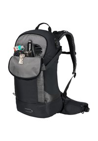 Schwarzer Rucksack mit einer grauen Fronttasche, seitlichen Mesh-Akzenten und Reißverschlussverschlüssen. Verfügt über mehrere Fächer und einen verstellbaren Hüftgurt.