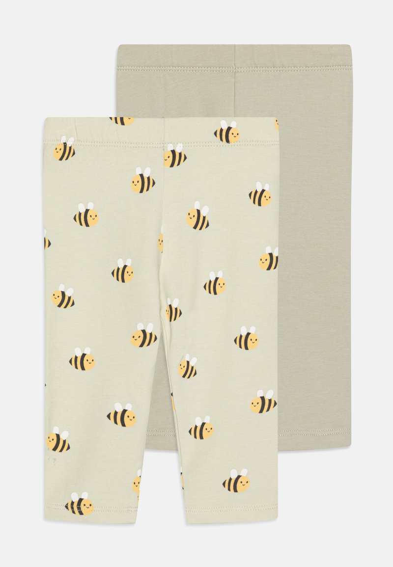 Dvi poros vaikiškų legginų: vienos šviesiai žalios su geltonomis bitėmis ir juodomis juostelėmis, kitos vientisos šviesiai pilkos. Minkšta, tampri medžiaga.