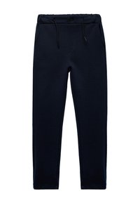 Marineblå sweatpants med snoretræk i taljen, knaplukning og sidelommer; lavet af blødt, struktureret stof; tapered ben design.