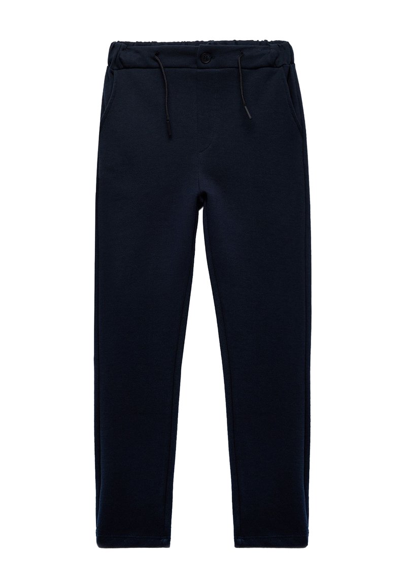 Marineblå sweatpants med snoretræk i taljen, knaplukning og sidelommer; lavet af blødt, struktureret stof; tapered ben design.