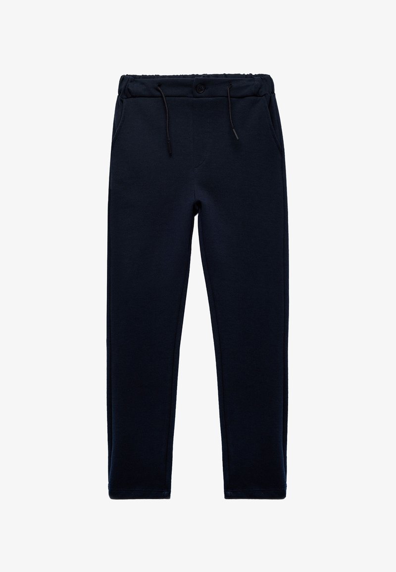 Marineblå sweatpants med snoretræk i taljen, knaplukning og sidelommer; lavet af blødt, struktureret stof; tapered ben design.
