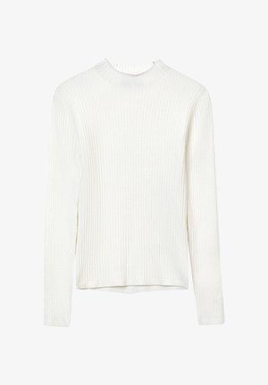 White ribbed knit long-sleeve top with a high neckline and a straight hem. Features textured fabric with a soft appearance.