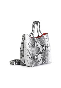 Borsa a spalla in stampa serpente bianco e nero con due manici, dotata di un interno rosso brillante e di una tracolla regolabile e staccabile.