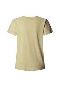 T-shirt à manches courtes et col rond de couleur kaki clair. Fabriqué en tissu doux avec une texture lisse et un design uni, sans accents visibles.