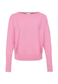 Pull en maille côtelée rose à manches longues, col bateau et poignets ajustés, conçu pour un usage décontracté.