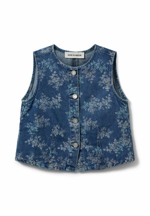 Gilet senza maniche in denim blu con stampa floreale sbiadita, scollo tondo, bottoni metallici frontali e due tasche frontali.